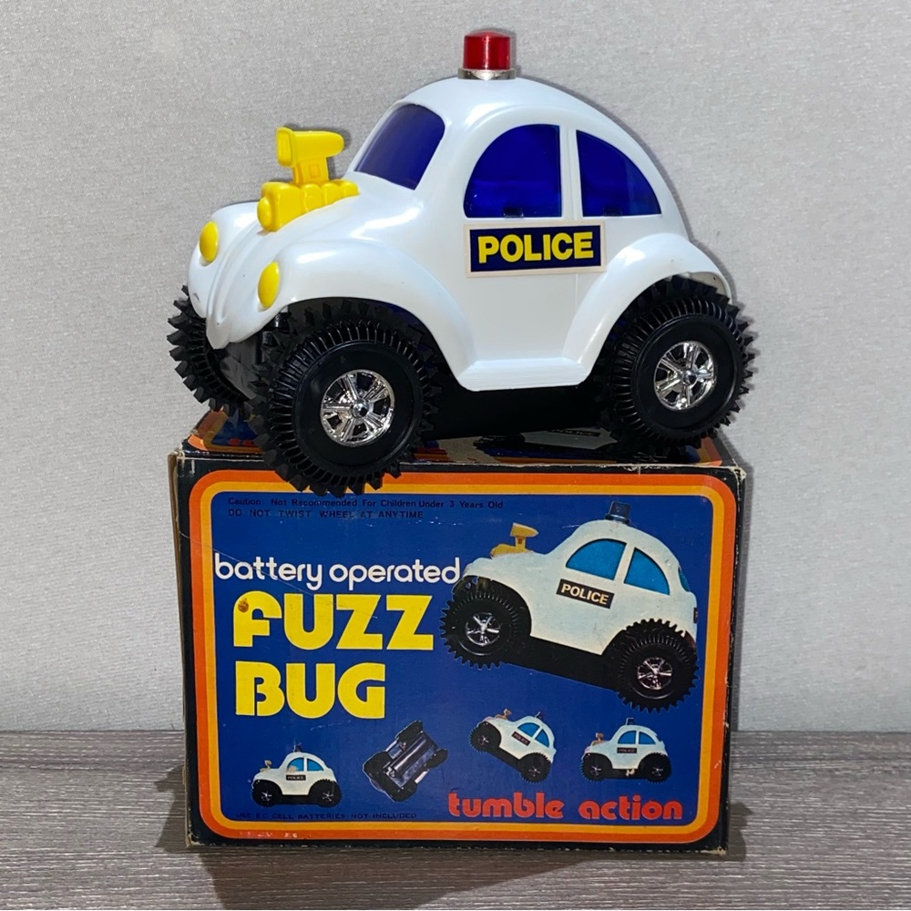 VINTAGE 70-80s FUZZ BUG Police Tumble Action Volkswagen Beetle Toy Car In Box